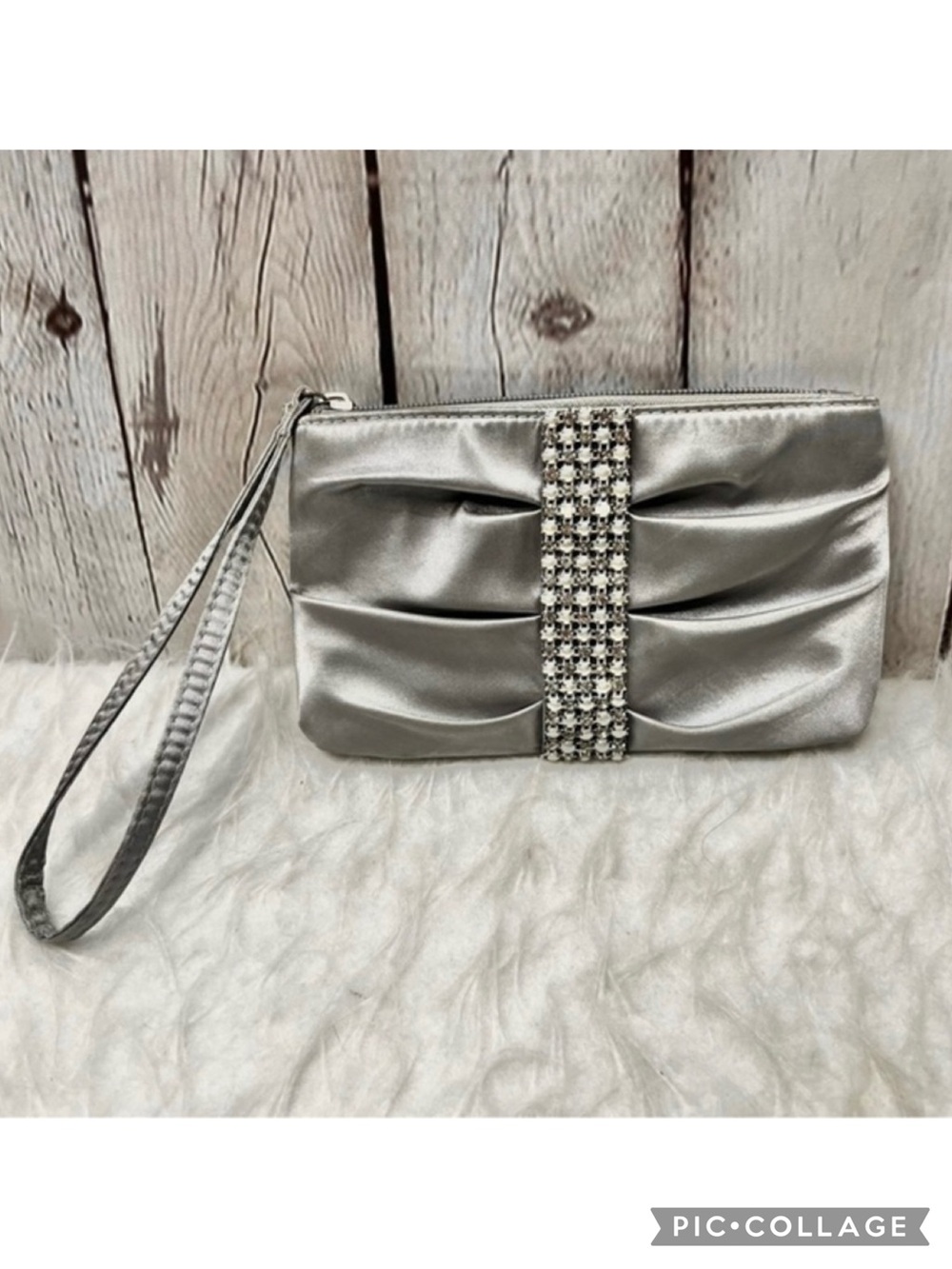 RSVP Charming Charlie Clutch Purse Silver Satin Rhinestone Pearl Wristlet Glam